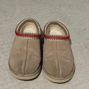 Tan Suede Slip-On Shoes with Red Trim